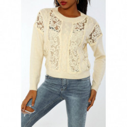 Pull beige à empiècement en dentelle et coupe basique