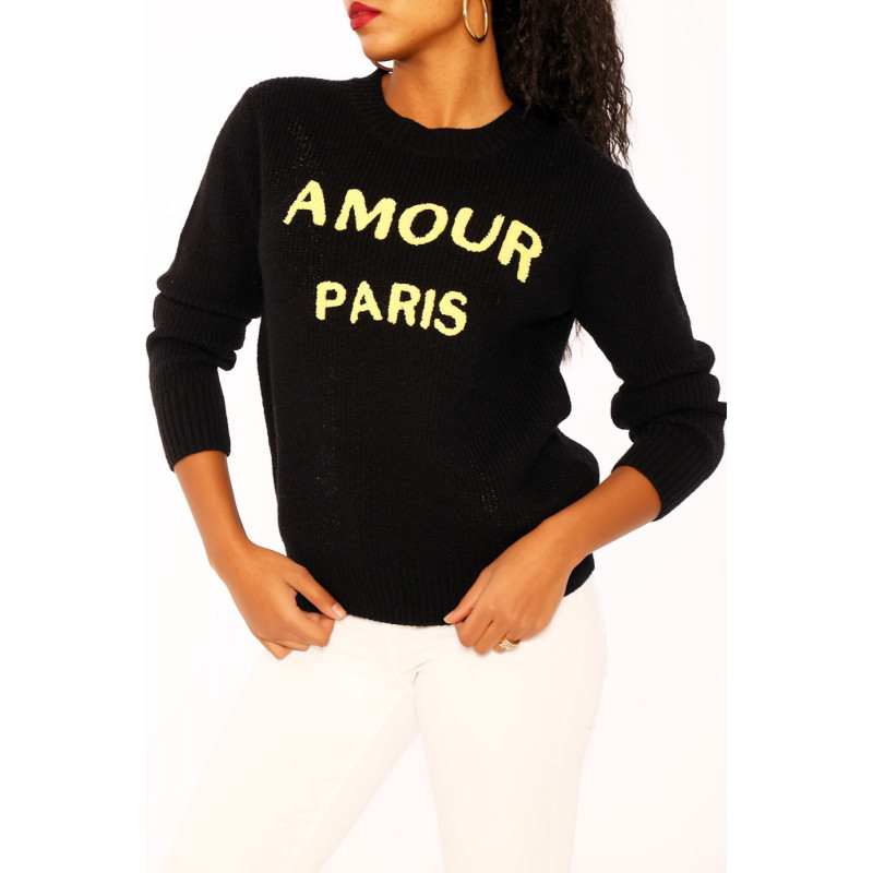 Pull noir à col rond inscription AMOUR PARIS