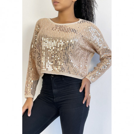 Pull court taupe pailleté en maille fluide et tendance col rond