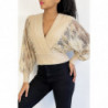 Pull cache coeur court beige avec manches bouffante en dentelle