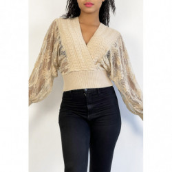 Pull cache coeur court beige avec manches bouffante en dentelle