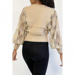 Pull cache coeur court beige avec manches bouffante en dentelle