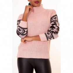 Pull épais rose à motif aztèque sur les manches style rétro