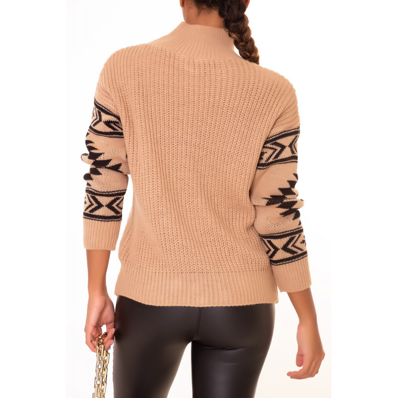 Pull épais camel à motif aztèque sur les manches style rétro