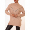 Pull long taupe à motif V en dentelle