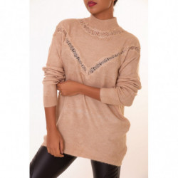 Pull long taupe à motif V en dentelle