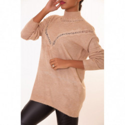 Pull long taupe à motif V en dentelle