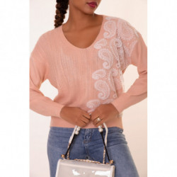 Pull col V rose pastel à motif dentelle blanche