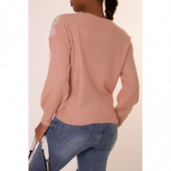 Pull col V rose pastel à motif dentelle blanche