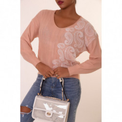 Pull col V rose pastel à motif dentelle blanche