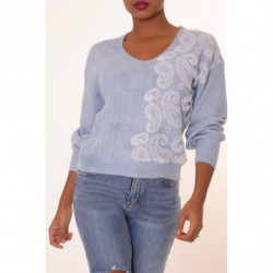 Pull col V bleu pastel à motif dentelle blanche