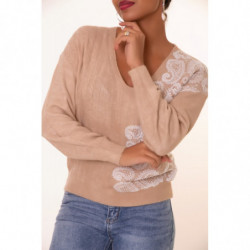 Pull col V beige à motif dentelle blanche