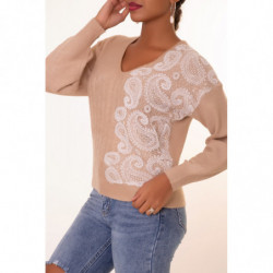 Pull col V beige à motif dentelle blanche