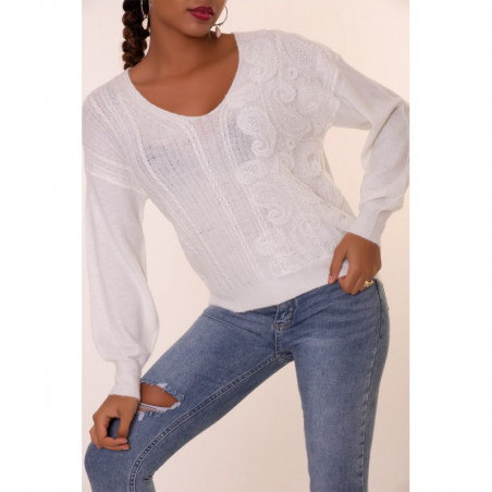 Pull col V blanc à motif dentelle blanche