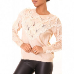 Pull beige à col rond et motif losanges en dentelle