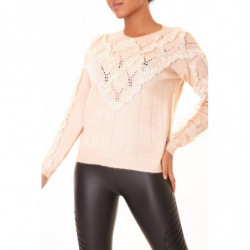 Pull beige à col rond et motif losanges en dentelle