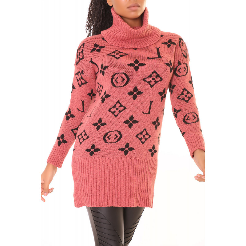 Pull long col roulé rose fuchsia à imprimé luxe