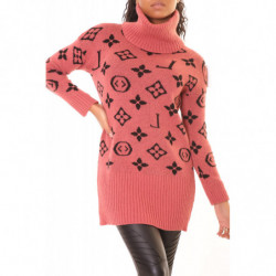 Pull long col roulé rose fuchsia à imprimé luxe