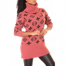 Pull long col roulé rose fuchsia à imprimé luxe