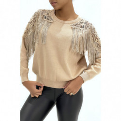 Pull taupe à dentelle et franges