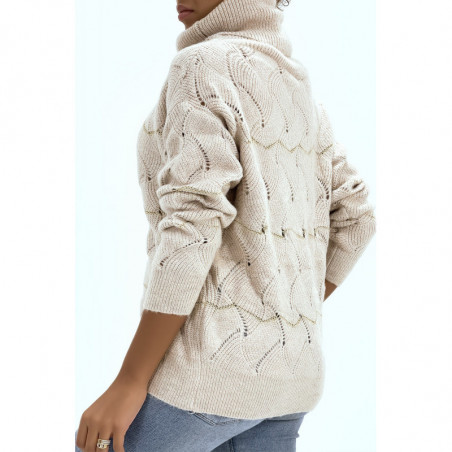 Pull col roulé épais beige à détails ajouré et paillettes