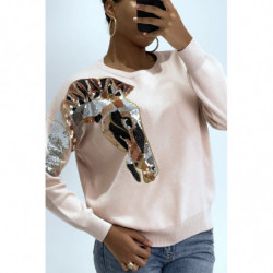 Pull rose à motif cheval en sequins