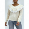 Pull col V classique beige effet doublure et dentelle