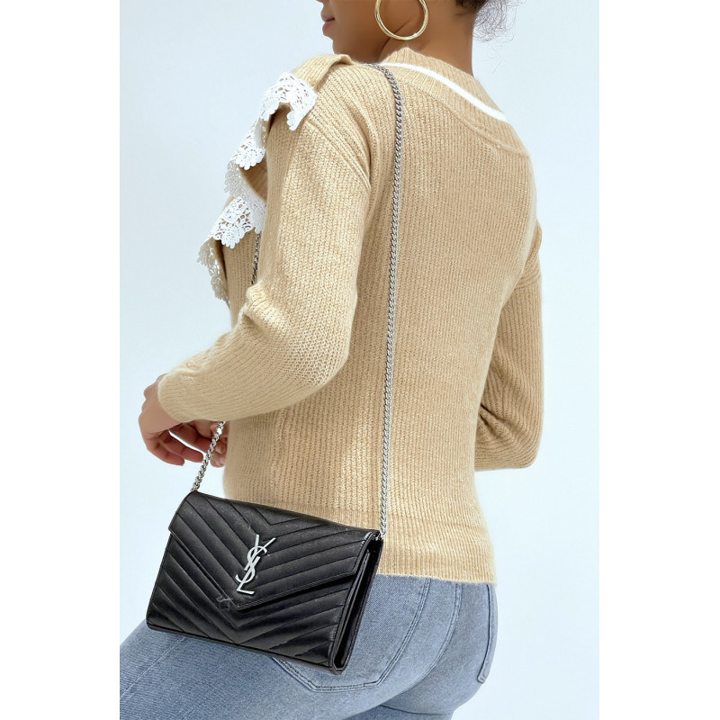 Pull col V classique taupe effet doublure et dentelle