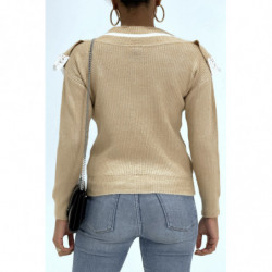 Pull col V classique taupe effet doublure et dentelle