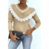 Pull col V classique taupe effet doublure et dentelle