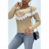 Pull col V classique taupe effet doublure et dentelle