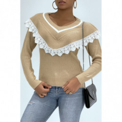 Pull col V classique taupe effet doublure et dentelle