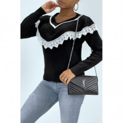 Pull col V classique noir effet doublure et dentelle