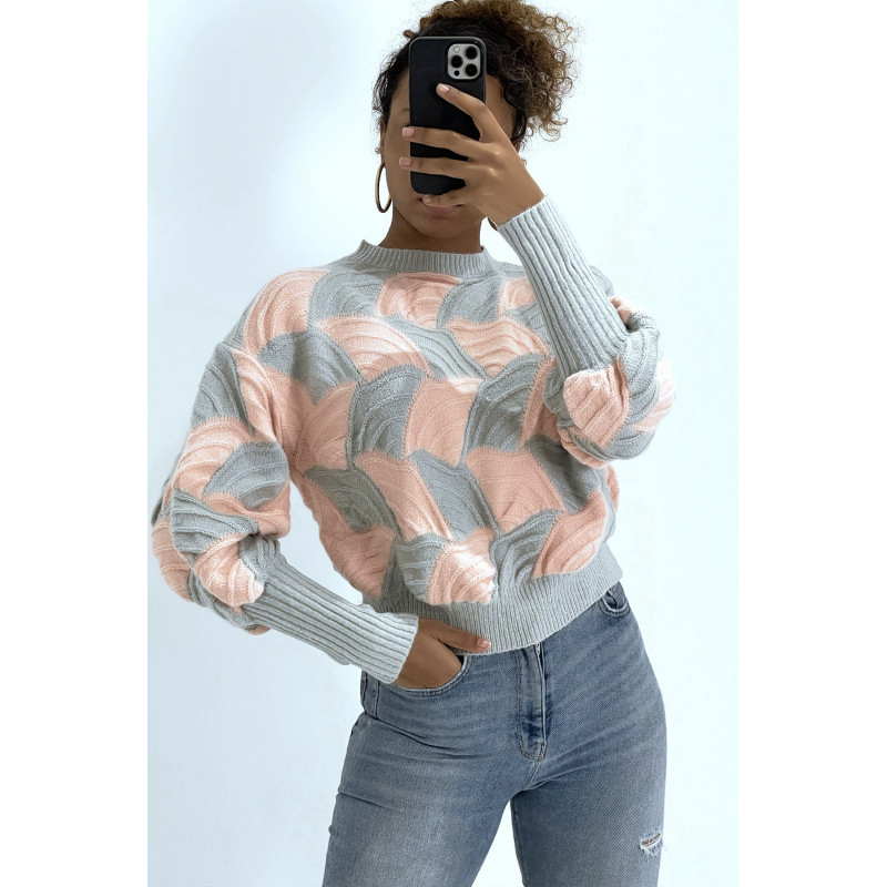 Pull bicolore gris et rose à découpe bouffante