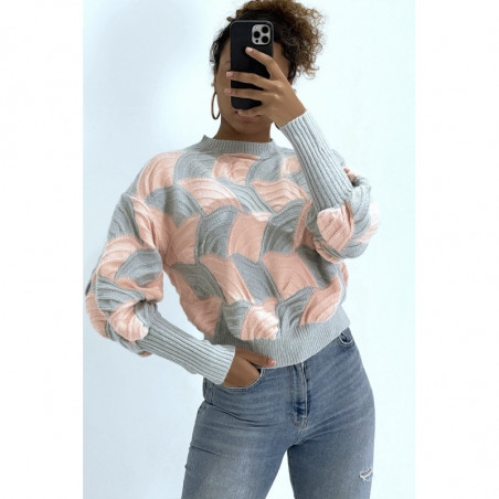 Pull bicolore gris et rose à découpe bouffante