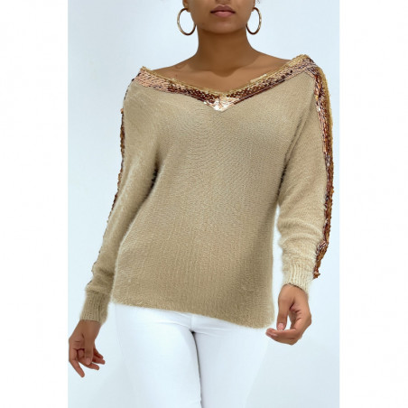 Pull mi-long taupe hyper doux col V à rayure pailleté du col jusqu'aux manches