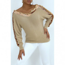 Pull mi-long taupe hyper doux col V à rayure pailleté du col jusqu'aux manches