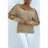 Pull mi-long taupe hyper doux col V à rayure pailleté du col jusqu'aux manches