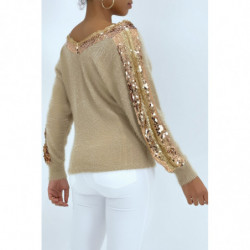 Pull mi-long taupe hyper doux col V à rayure pailleté du col jusqu'aux manches