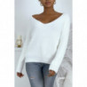 Pull duveteux col V blanc style cocooning