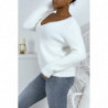 Pull duveteux col V blanc style cocooning