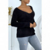 Pull duveteux col V noir style cocooning