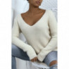 Pull duveteux col V beige style cocooning