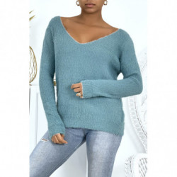 Pull duveteux col V bleu style cocooning