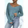 Pull duveteux col V bleu style cocooning