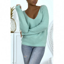 Pull duveteux col V vert d'eau style cocooning