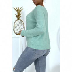 Pull duveteux col V vert d'eau style cocooning