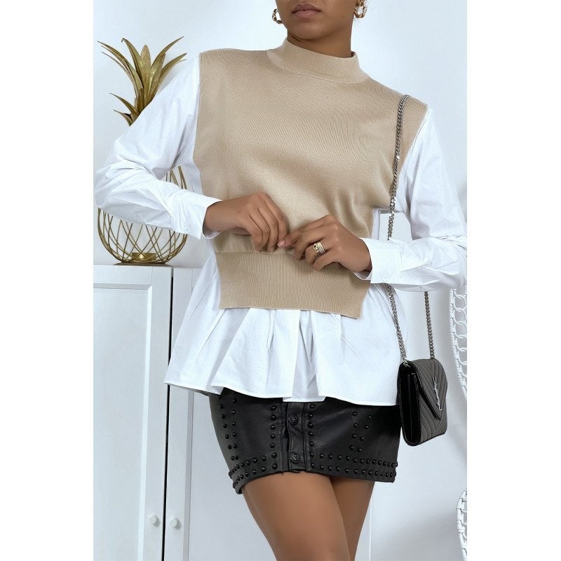 Pull taupe bi-matière chemise à coupe asymétrique