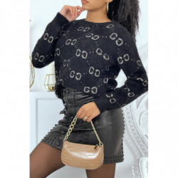 Pull duveteux noir à col rond et motif losange style luxe