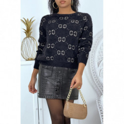 Pull duveteux noir à col rond et motif losange style luxe